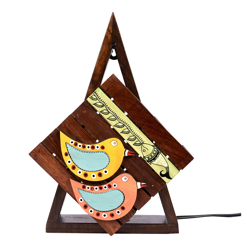 Moorni Table Lamp Handcrafted in Wood with Tribal & Bird Motifs - (8.4x2.6x12 in)