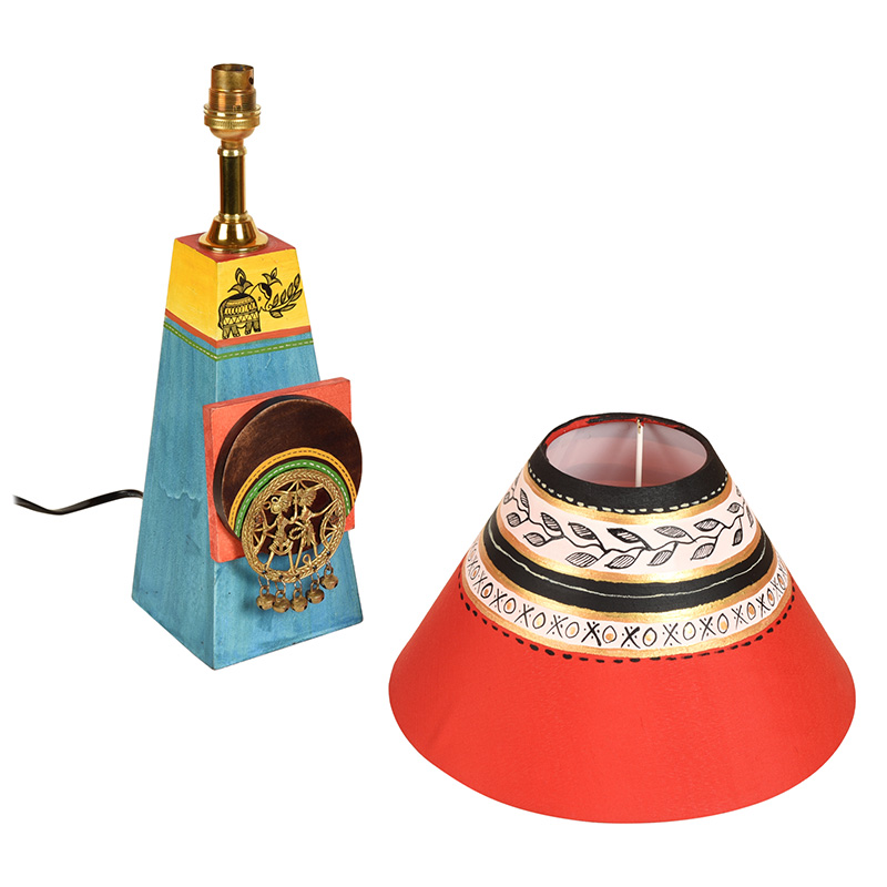 Moorni Turquoise Blue Lamp Embellished with Dhokra Brass Tiles & Red Shade