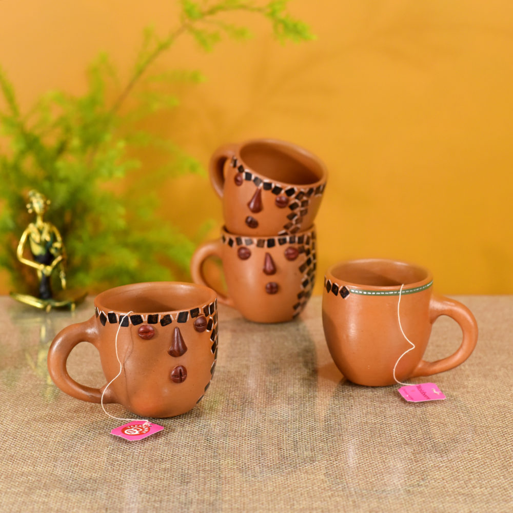 Moorni Knosh-B Earthen Cups with Tribal Motifs (Set of 4)