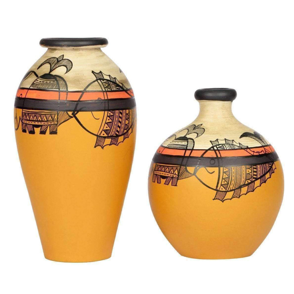 Moorni Vase Earthen Yellow Madhubani (Set of 2) (6.2x3/5x4)