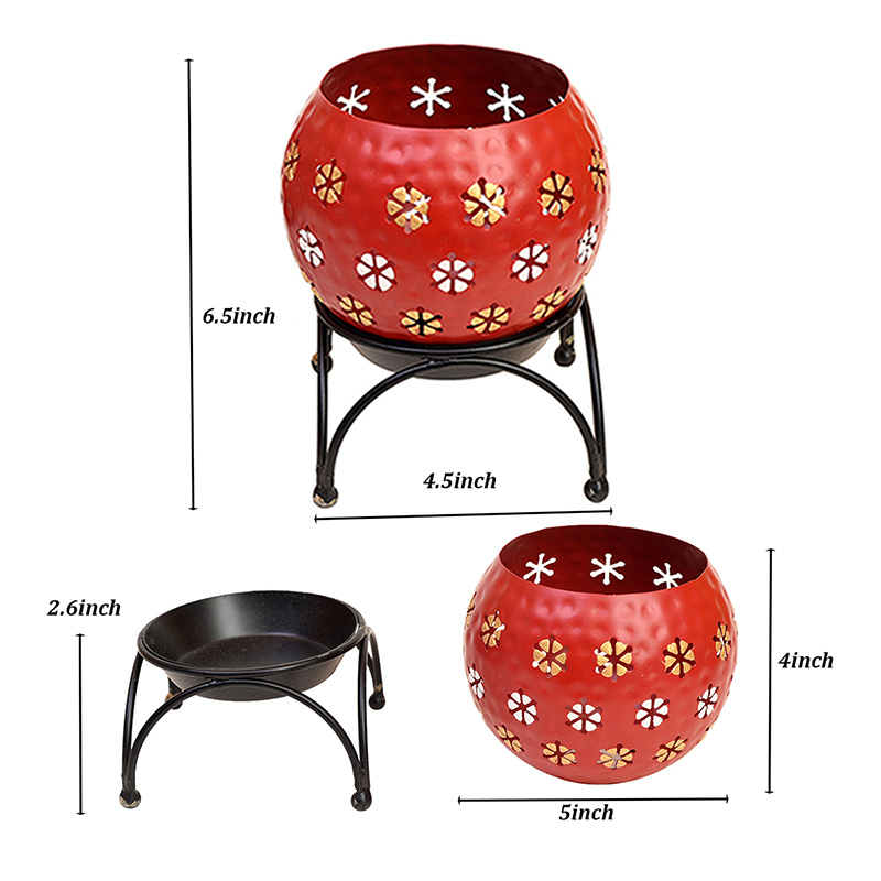 Moorni Red Polka Tealight in Round Shape with Metal Stand