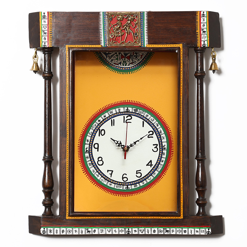 Moorni Wall Clock Handcrafted Warli Art Yellow Dial with Glass Frame - (14x16 in)
