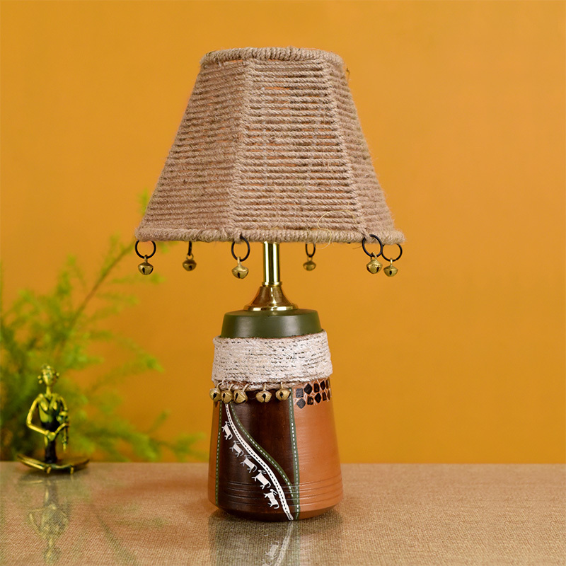 Moorni Hand Knitted Earthen Lamp with embellished Jute Shade - (16x4.5 in)