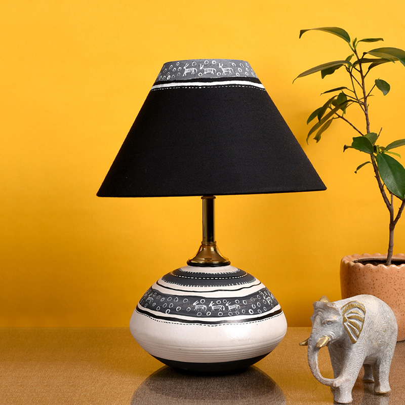 Moorni Table Lamp B&W Earthen Handcrafted with Black Shade - (9.5x7 in)