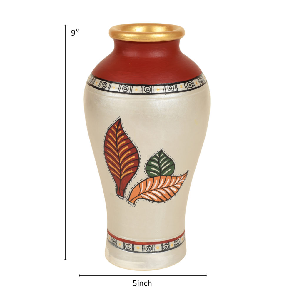 Moorni Silver Bloom Earthen Vase Handpainted in Tribal Art (9x5)