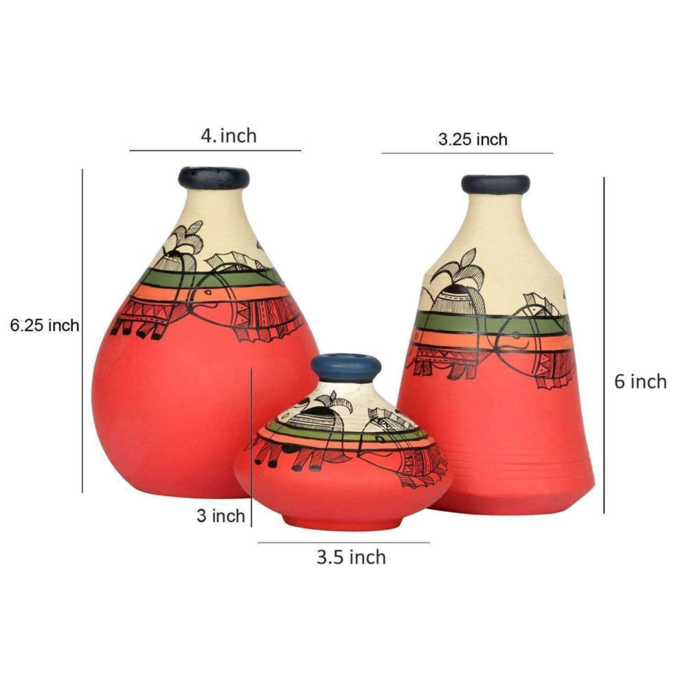 Moorni Vase Earthen Carrot Red Madhubani (Set of 3) 6.3/3/6