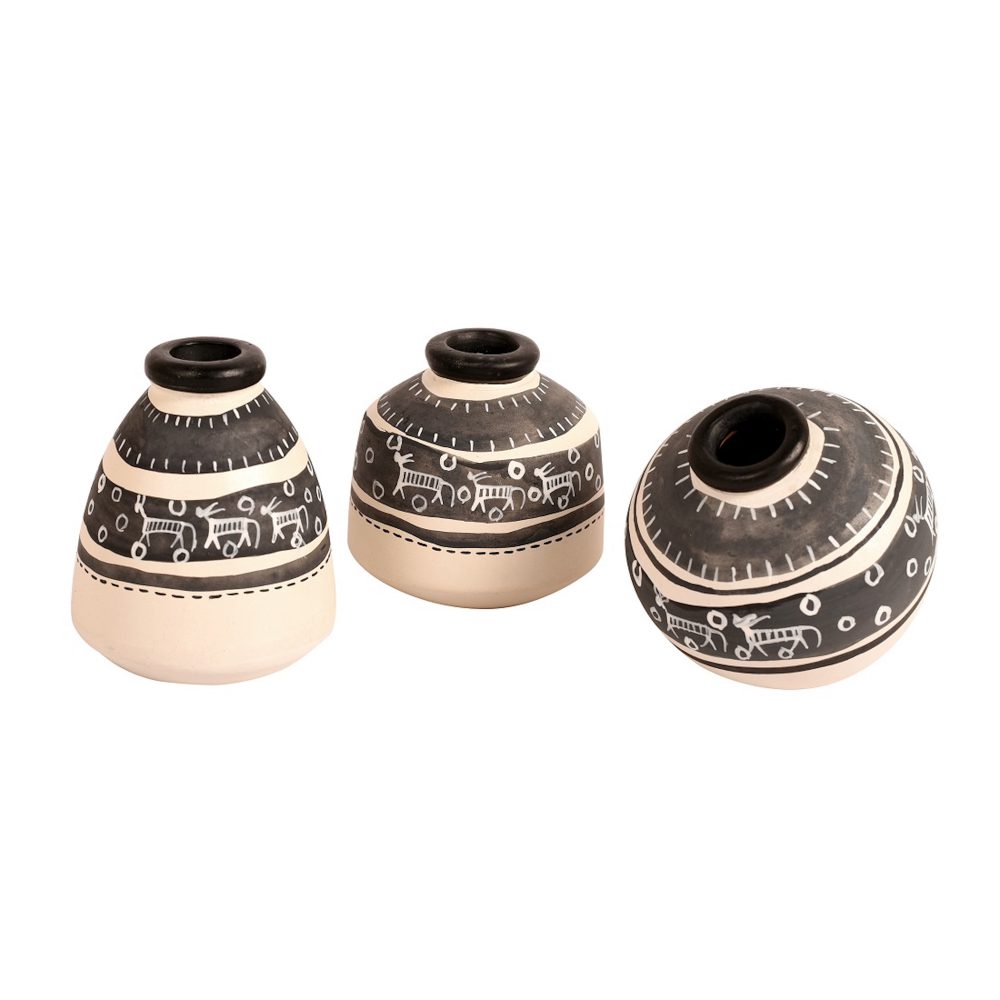 Moorni Vase Earthen Miniatures White Warli (Set of 3) (2.6/2.2/2.4)