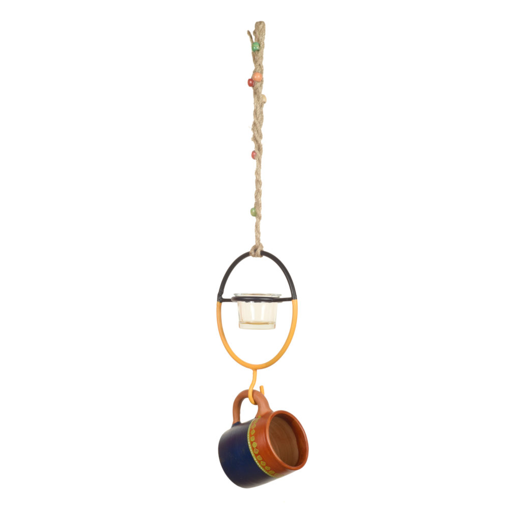 Moorni Terracotta Blue Cup Hanging Bird Feeder