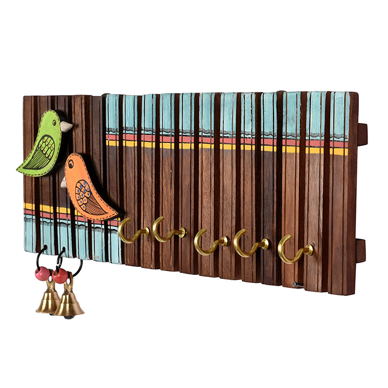 Moorni Key Holder Handcrafted Tribal Art Wooden Strips & birds 4 keys - (12x1.4x5.4 in)