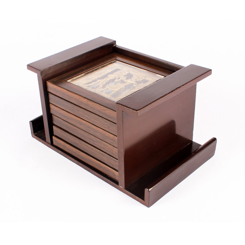 Olha-o Tribe Set of 6 Coasters with Stand Brown