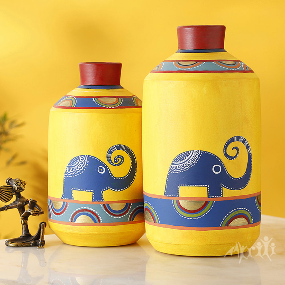 Moorni Happy Elephants Madhubani Yellow Vases(Set of 2) (8x4.6/10x5.4)