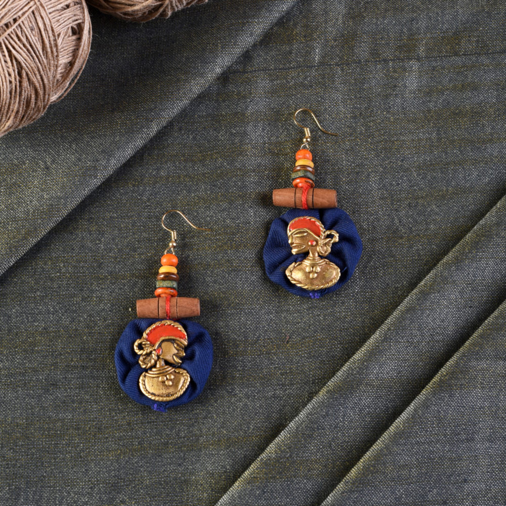 Moorni The Royal Empress Handcrafted Tribal Dhokra Round Earrings in Blue