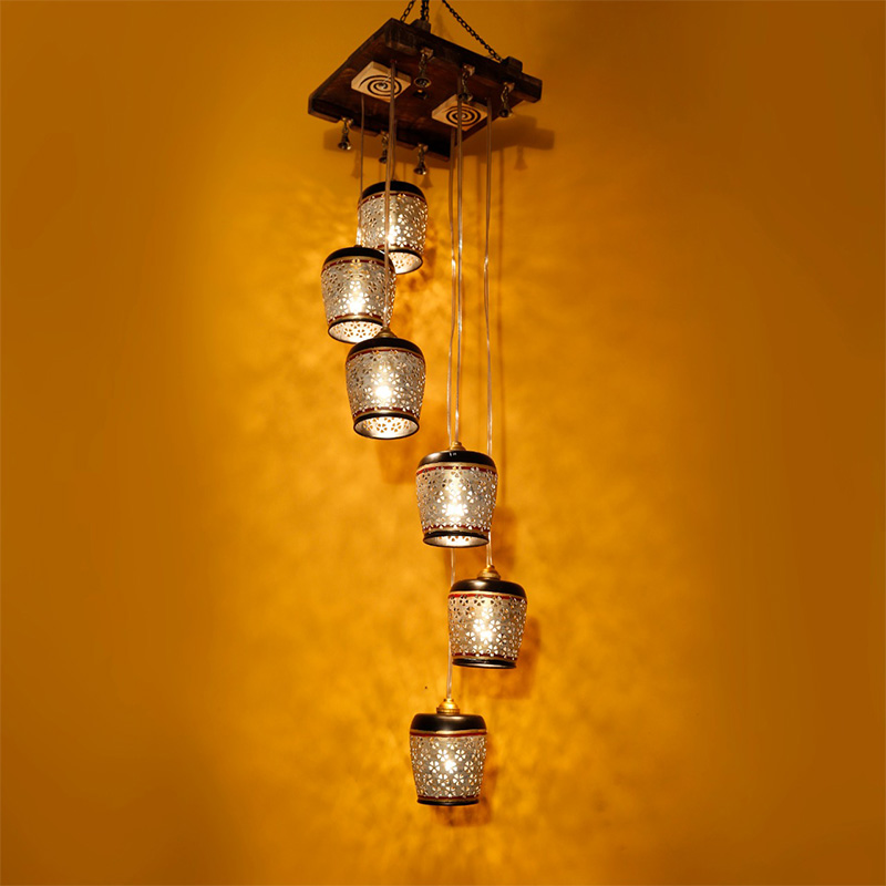 Moorni Moon-6 Chandelier With Metal Hanging Lamps In Simmering Gold (6 Shades)