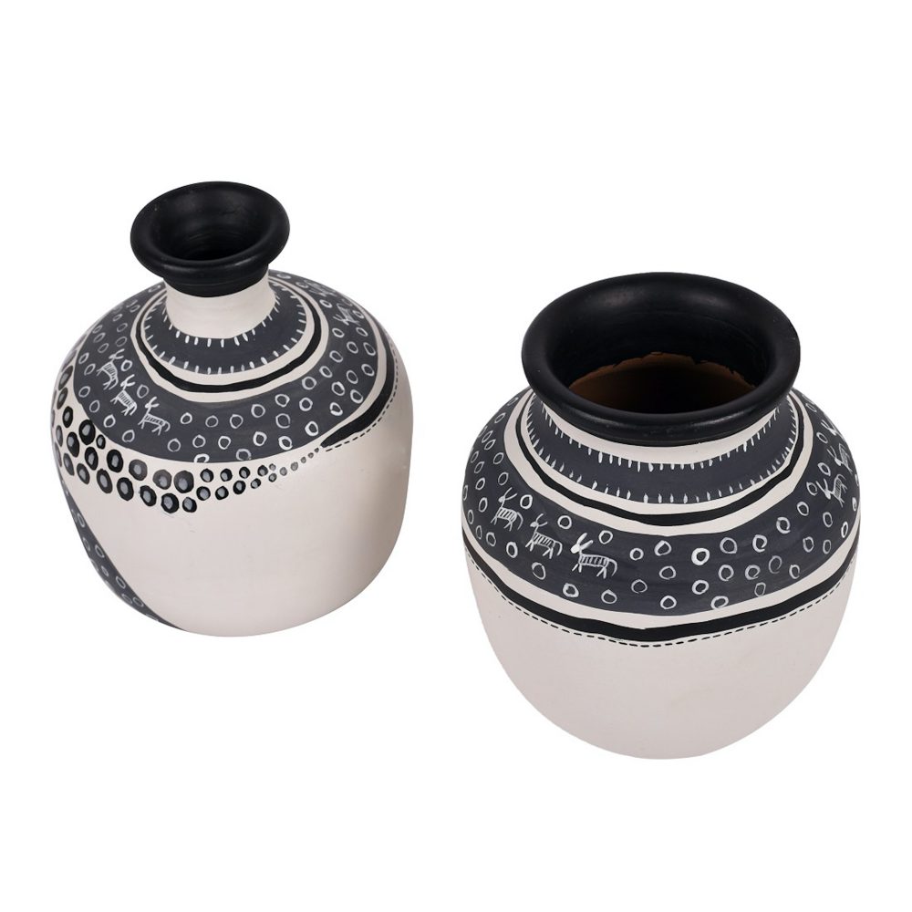 Moorni Vase Earthen White Warli (Set of 2) (5.4x4/5.5x4.5)