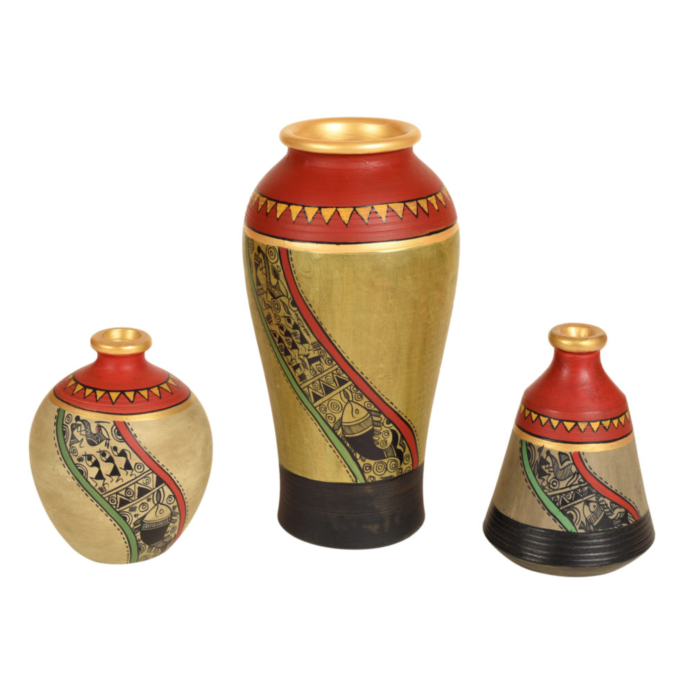 Moorni Mud Red Earthen Miniature Vases with Warli Art