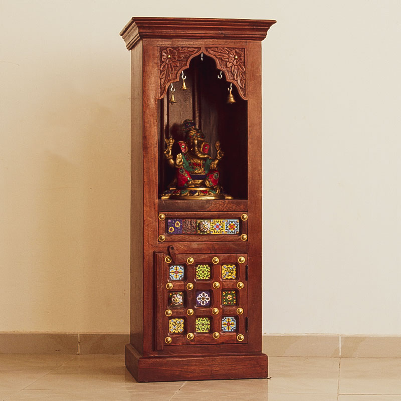 Moorni India Wooden and Brass Temple (Wall Mount) - Pooja Mandir