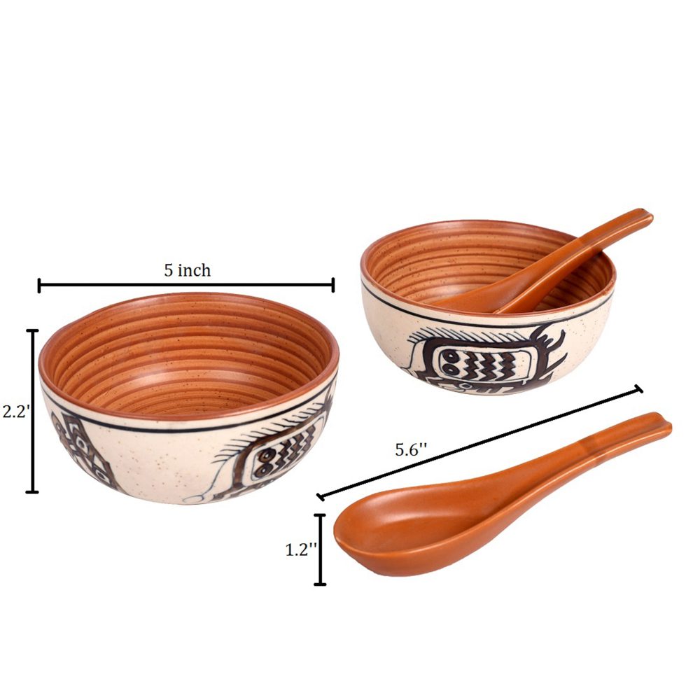 Moorni Soup Bowl Ceramic Tribal Motif with spoon (Set of 2) (2.2x5)