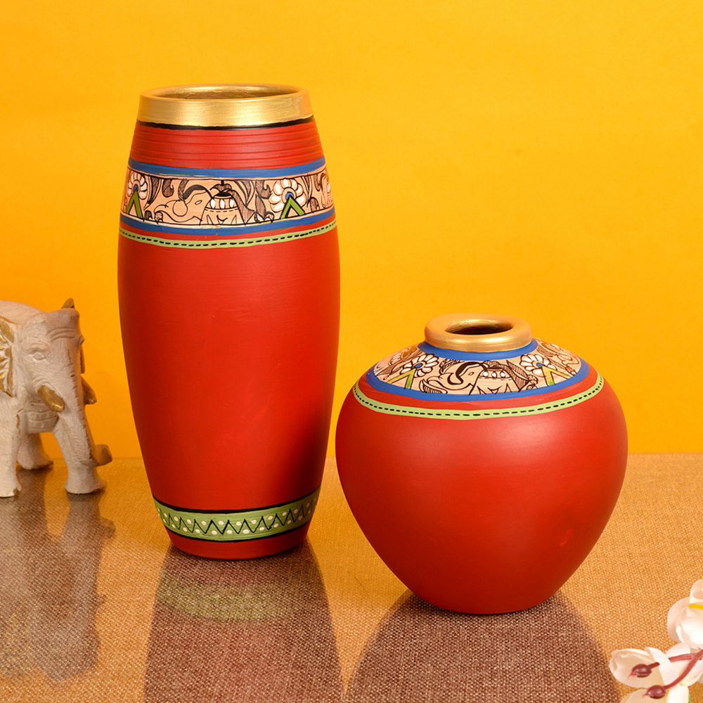 Moorni Vase Earthen Red Madhubani (Set of 2) (9x4/5x5)