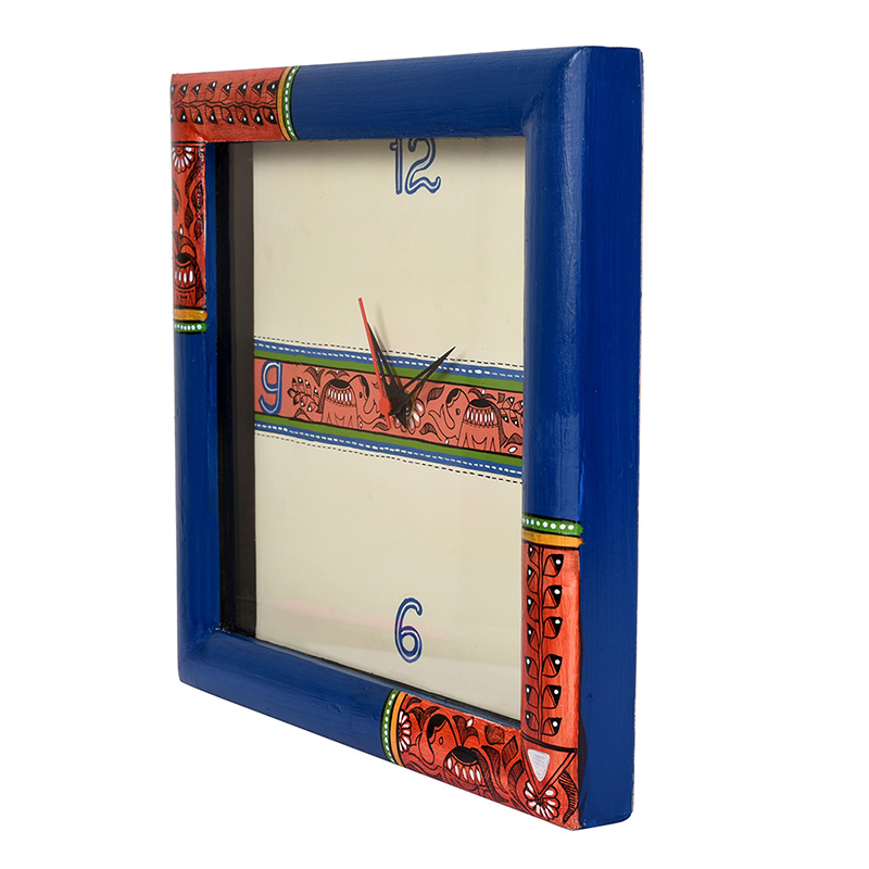 Moorni Wall Clock Handcrafted with Madhubani Art Blue Frame with Glass - (10x2x10 in)