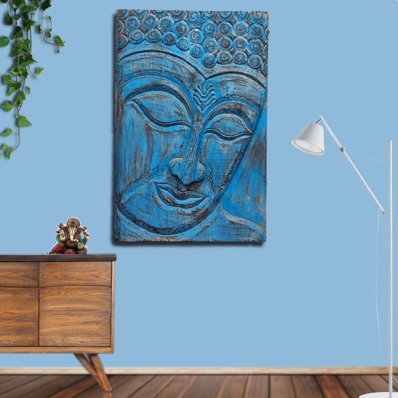 Moorni Large Buddha Wall Accent in Natural Wood Blue Shade