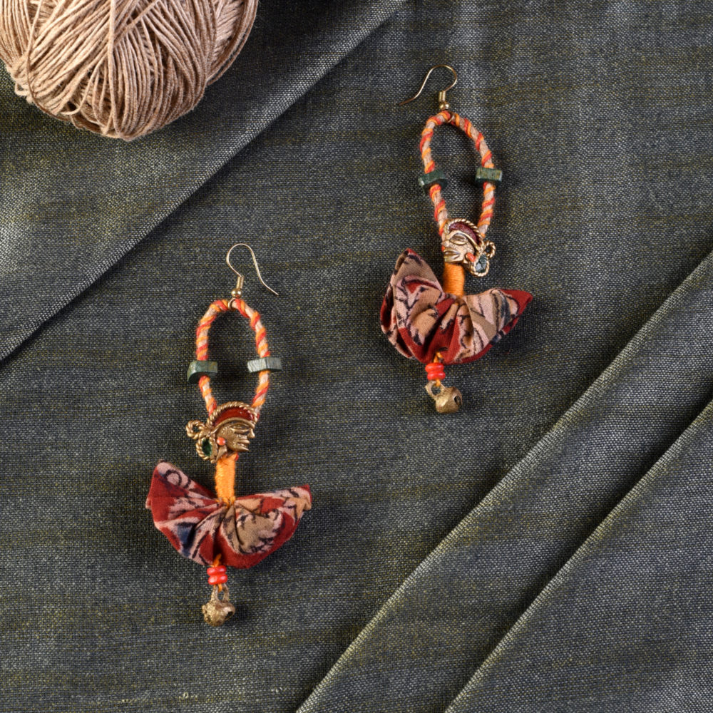 Moorni The Empress Handcrafted Tribal Dhokra Earrings in Red Floral Design