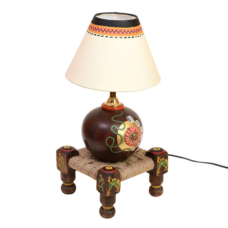 Moorni Table Lamp Earthen in Brown Color on Jute Wooden Manji Handcrafted with White Shade (8x8x17 in)