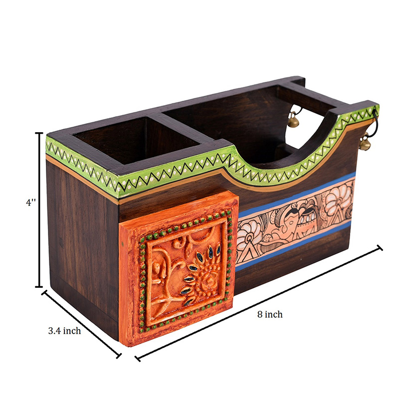 Moorni Cutlery Holder Handcrafted in Wood with Madhubani Art - (8x3.5x4 in)