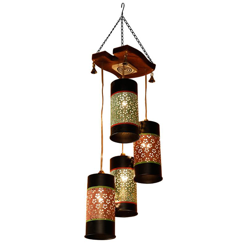 Moorni Celo-4 Chandelier With Cylindrical Metal Hanging Lamps (4 Shades)