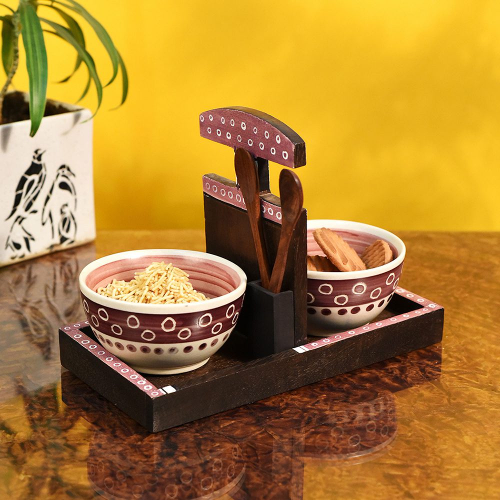 Moorni Bowl Holder with 2 Magenta Bowls (Set of 3) (9x4.4x6.4)