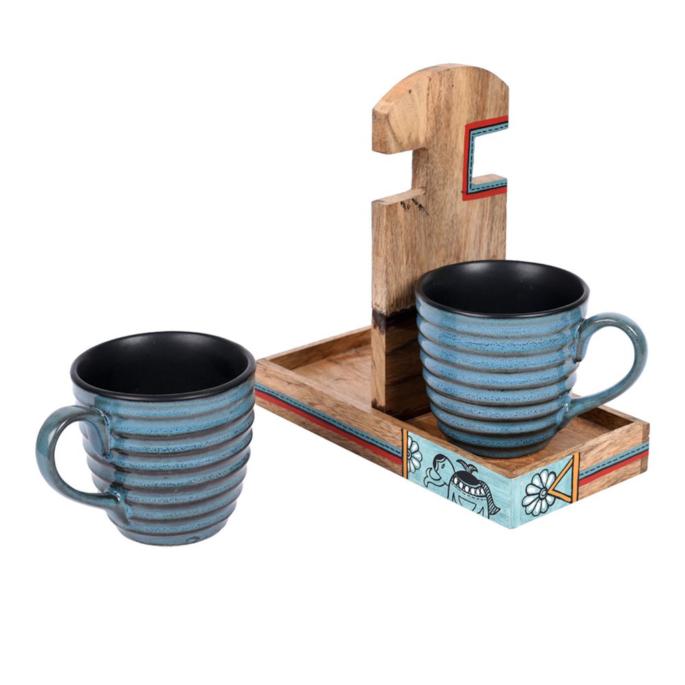 Moorni Cup Holder Handcrafted & 2 Mugs (Set of 3) (7x3.3x7)