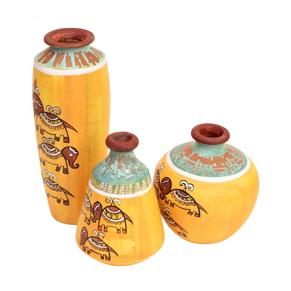 Moorni Happy Elephant Scratched Yellow Vase So3 (6x3/4.5x3.5/4x4 HxDia)