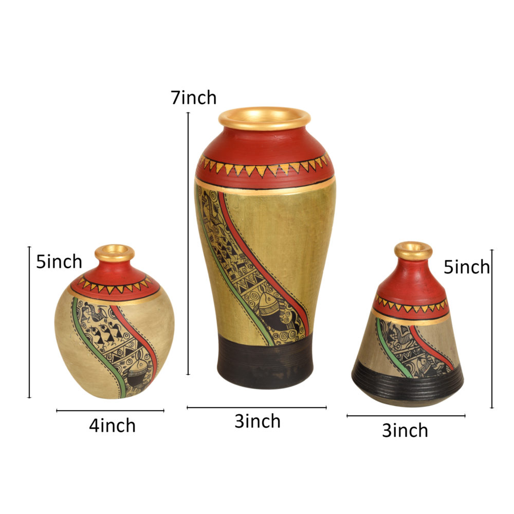 Moorni Mud Red Earthen Miniature Vases with Warli Art