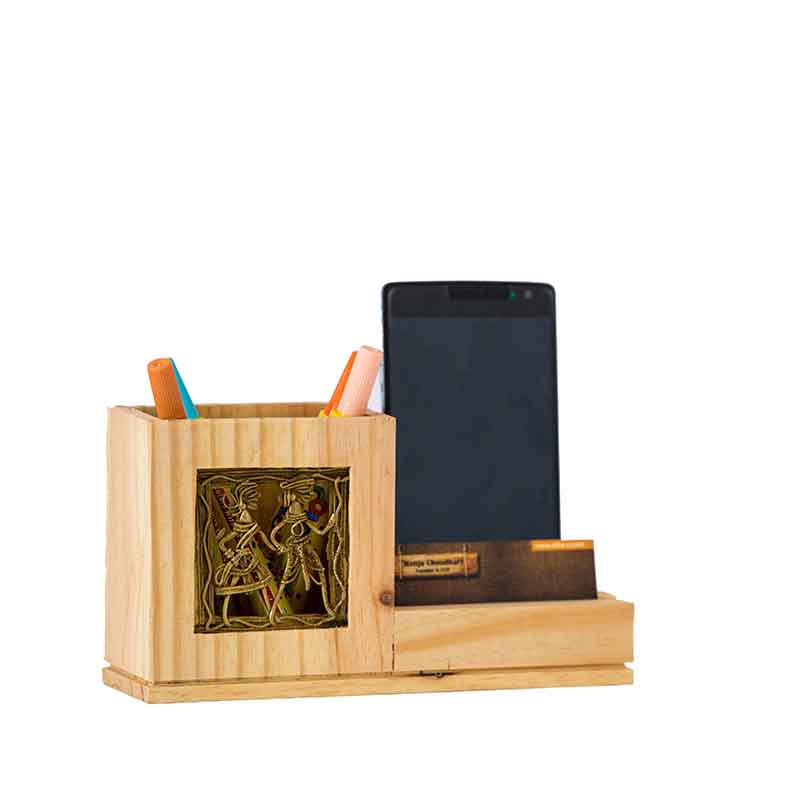 Olha-o Pine Wood Pen Stand with Card & Mobile Holder