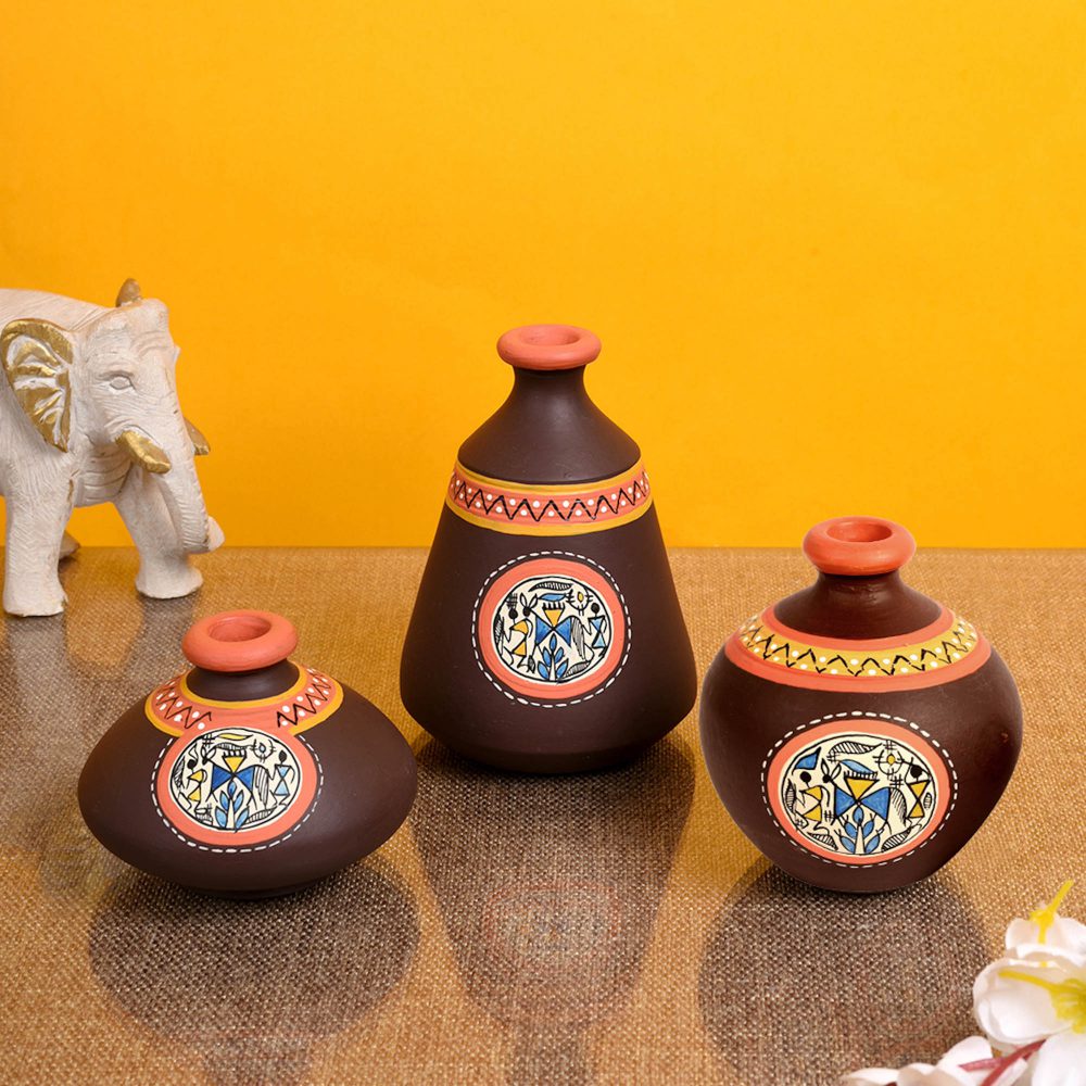 Moorni Vase Earthen Miniatures Brown Warli (So3) 2.5/5/3.5