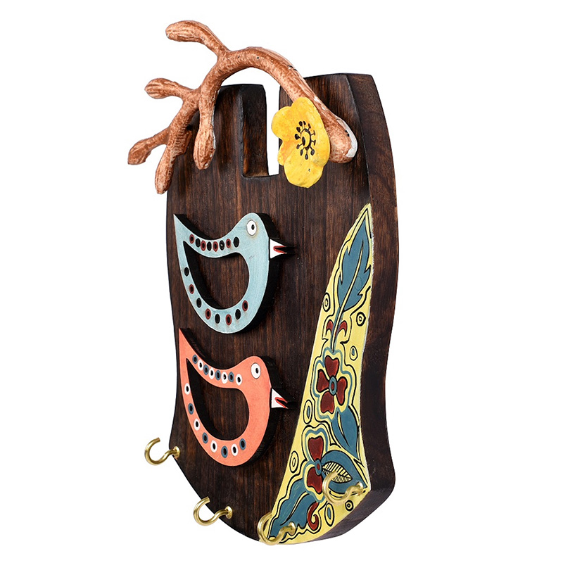 Moorni Key Holder Handcrafted Tribal Art Bird Theme 4 keys - (7.5x2x10 in)