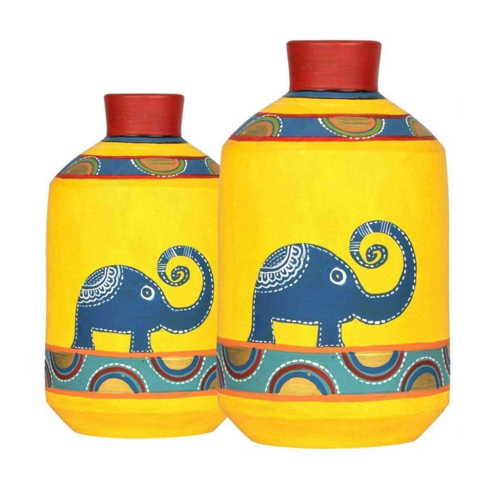 Moorni Happy Elephants Madhubani Yellow Vases(Set of 2) (8x4.6/10x5.4)