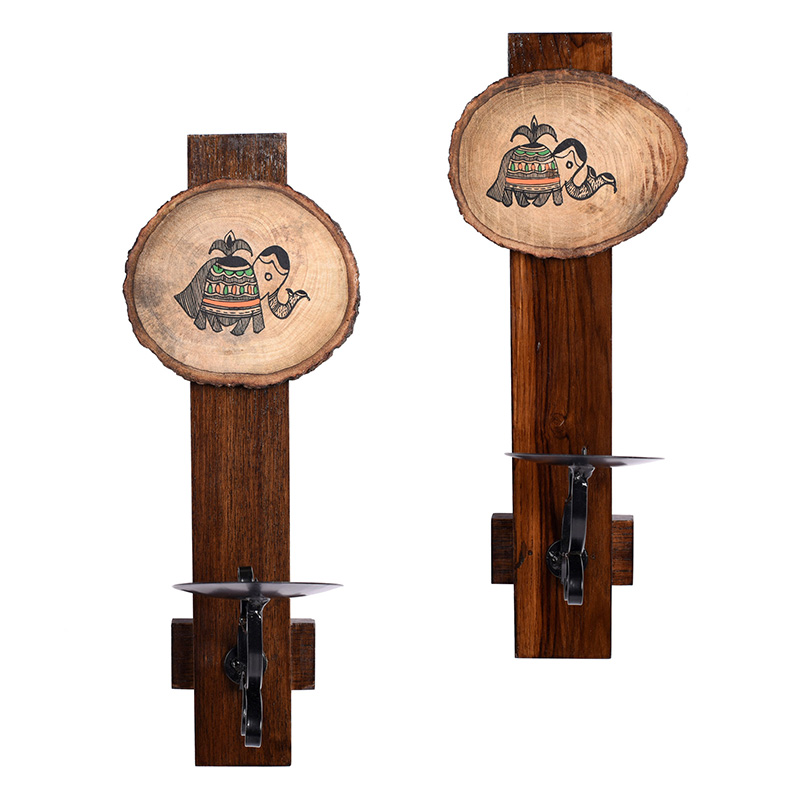 Moorni Wall Mounted Wooden Candle Stand With Tribal Art