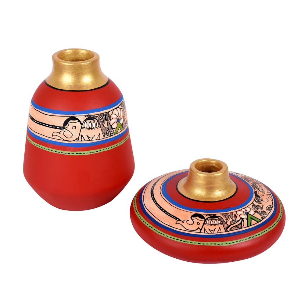 Moorni Vase Earthen Red Madhubani (Set of 2) (3.5x6.5/6.5x5.5)