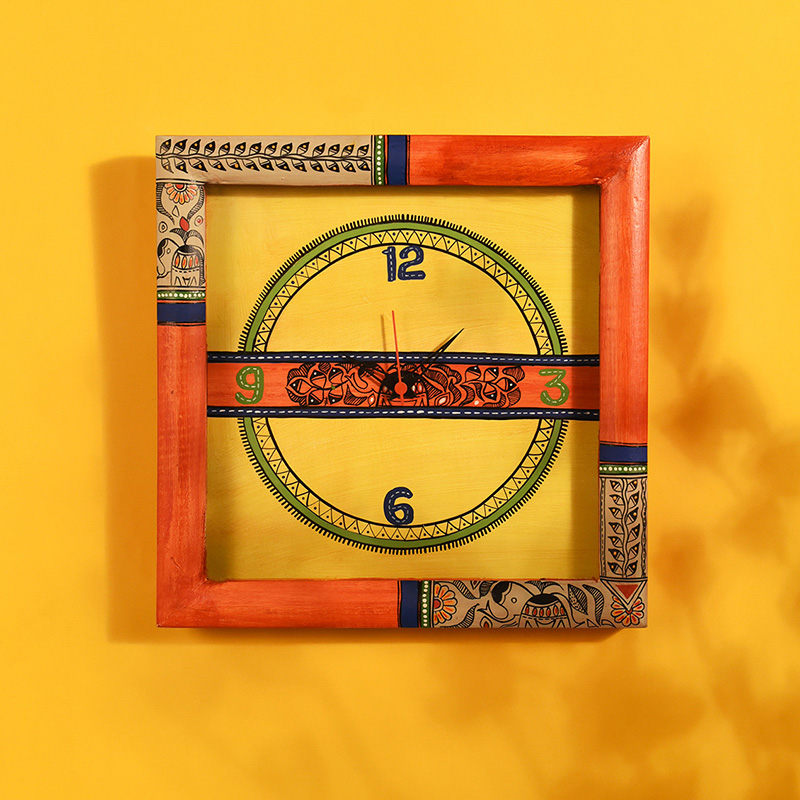 Moorni Wall Clock Handcrafted with Madhubani Art Orange Frame with Glass - (10x2x10 in)