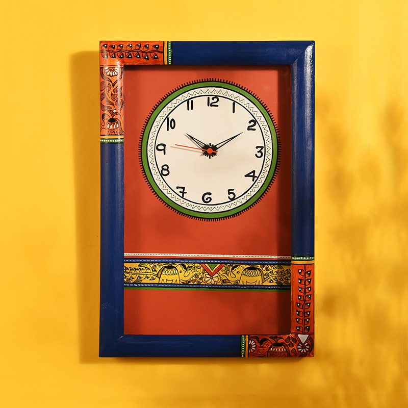 Moorni Wall Clock Handcrafted Madhubani Blue/Red with Glass - (10x2x15 in)