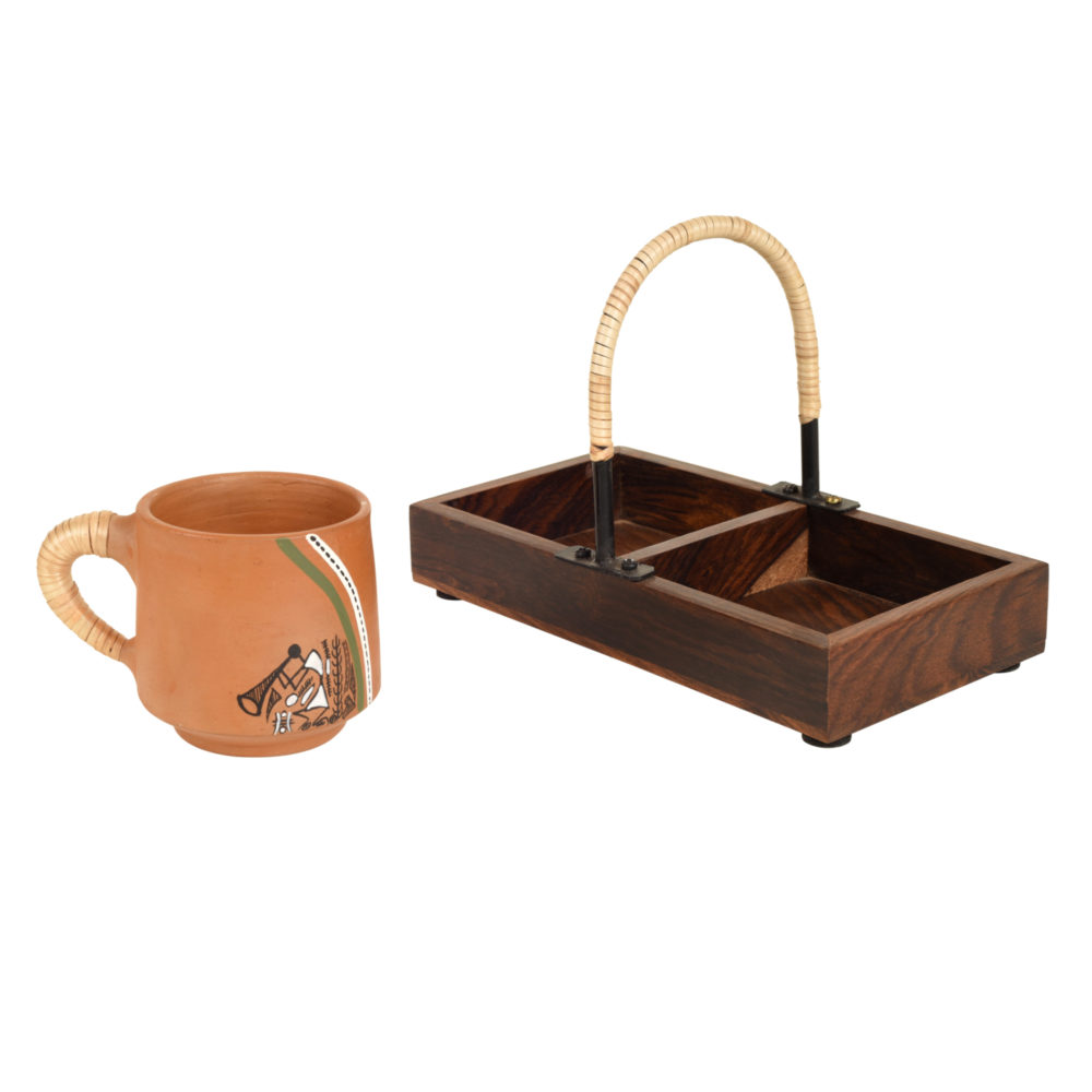 Moorni Happy Morning Earthen Cups with Cane Embellished Tray