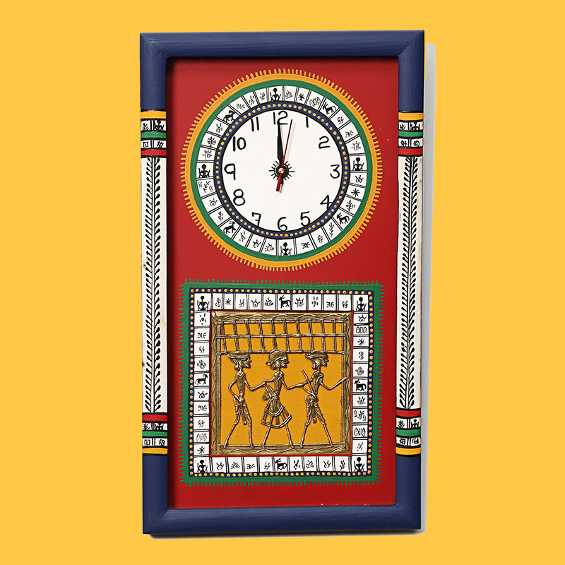 Moorni Wall Clock Handcrafted Warli/Dhokra Art Red Dial with Glass Frame - (10x18 in)