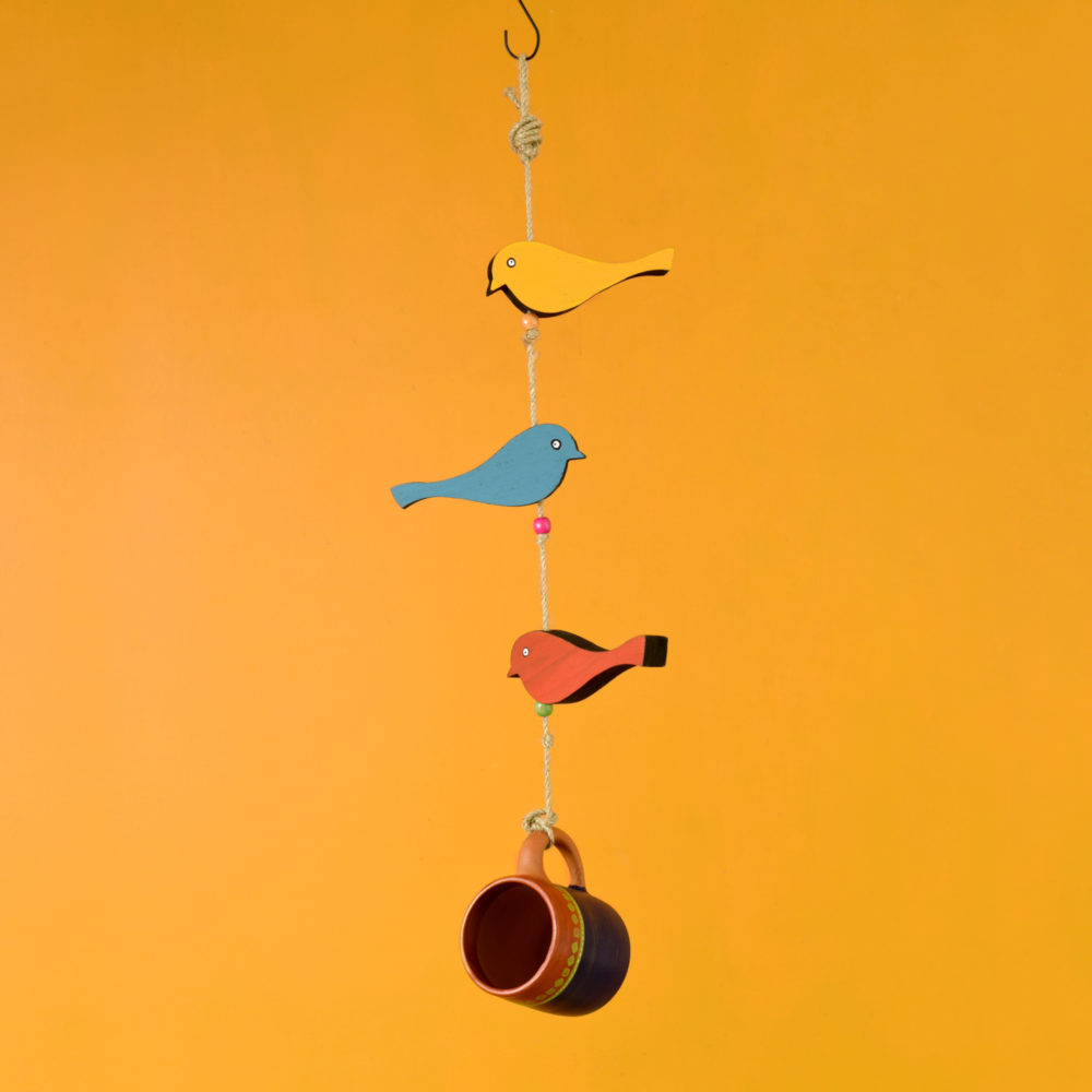 Moorni Blue Cup Hanging Bird Feeder with Bird Motifs