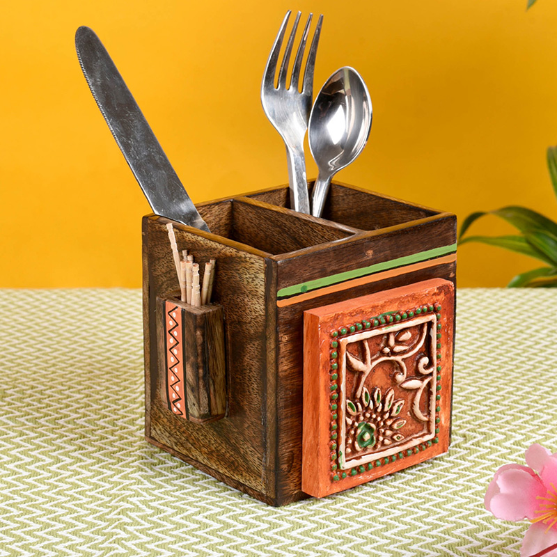 Moorni Cutlery Holder Handcrafted in Wood with Tribal Art - (4.5x4x4 in)