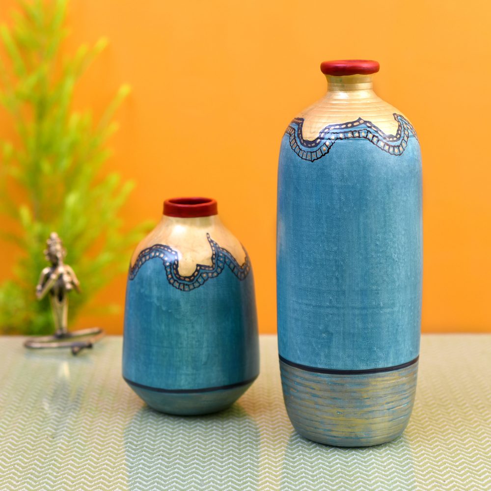 Moorni Turquoise Blue Golden Glaze Vase Set of 2 (10.5x4/6.5x4 Dia)