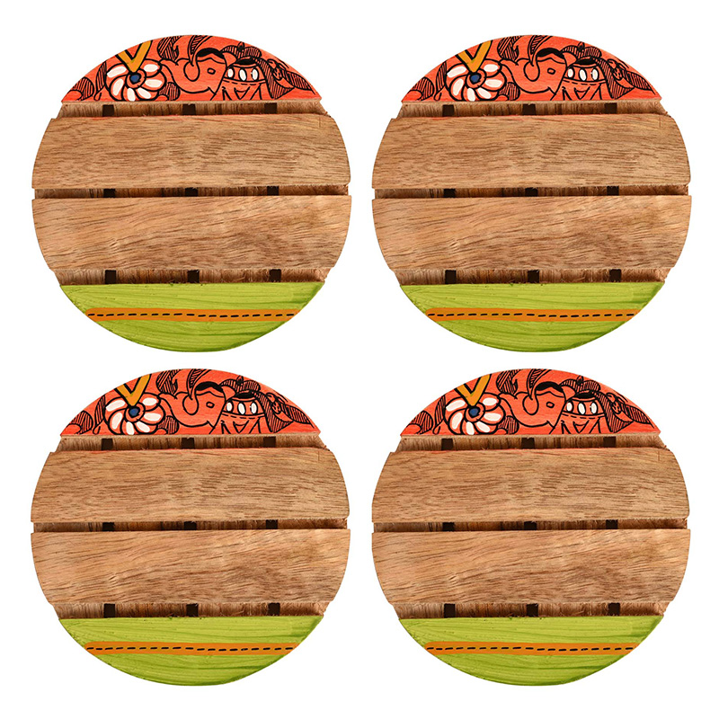 Moorni Coaster Round Wooden Handcrafted with Madhubani Art - Set of 4 (4Ã—4 in)