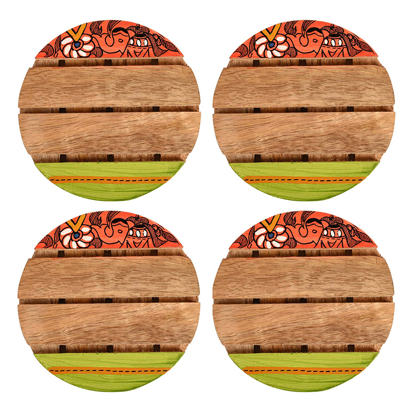 Moorni Coaster Round Wooden Handcrafted with Madhubani Art - Set of 4 (4×4 in)