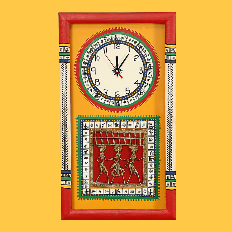 Moorni Wall Clock Handcrafted Warli/Dhokra Art Yellow Dial with Glass Frame - (10x18 in)