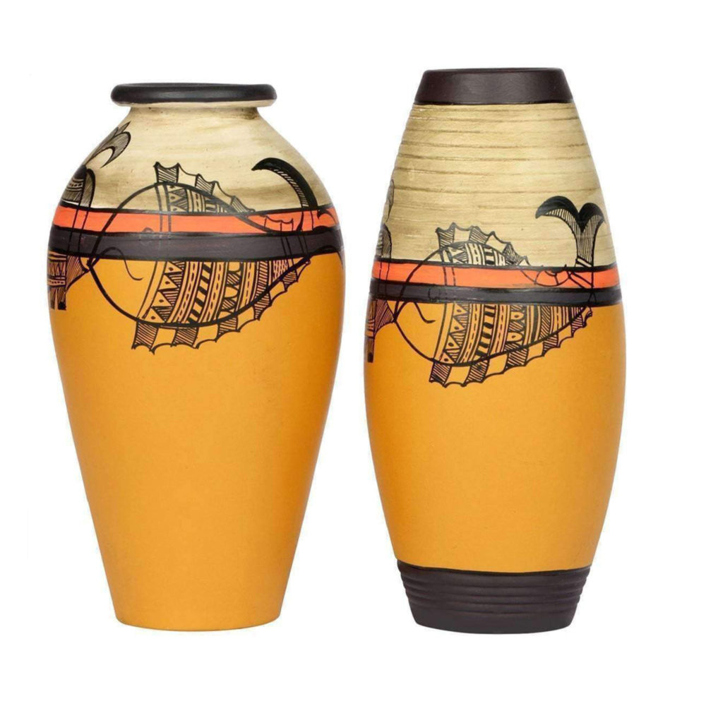 Moorni Vase Earthen Yellow Madhubani with Fish Motifs (Set of 2) (6.2x3/6.2x3)
