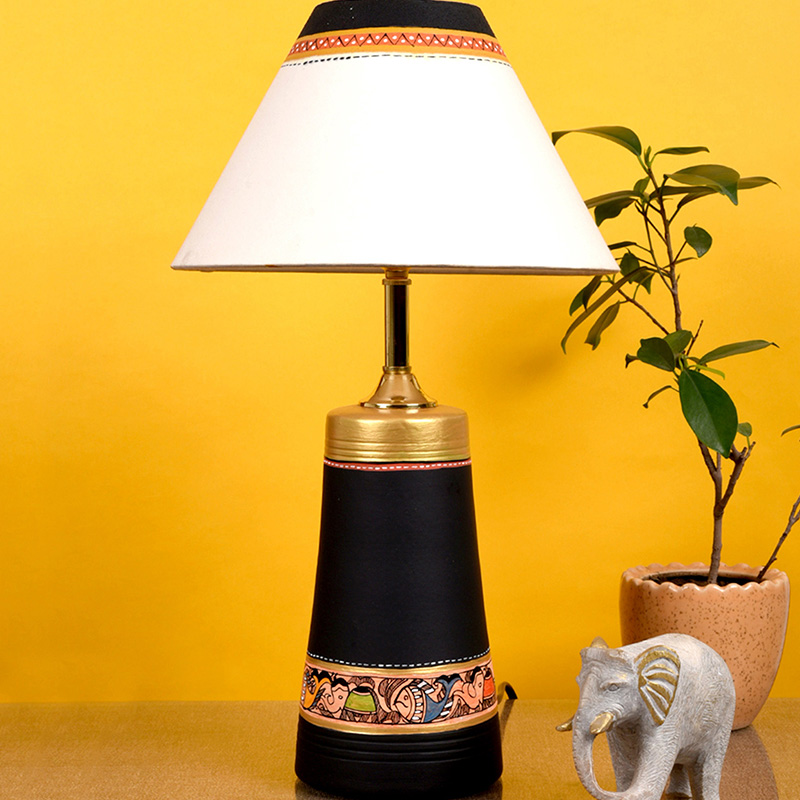 Moorni Table Lamp Black Earthen Handcrafted with White Shade - (13x4.7 in)